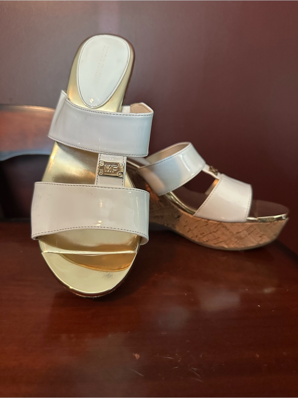 Marc Fisher Women’s size 10 wedge cork sandals 4” heel white patent leather.